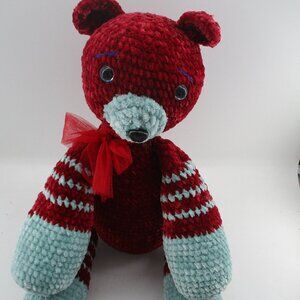 21" Red and Green Amigurumi Crochet Handmade Bear unique for Child, Baby, Girl.
